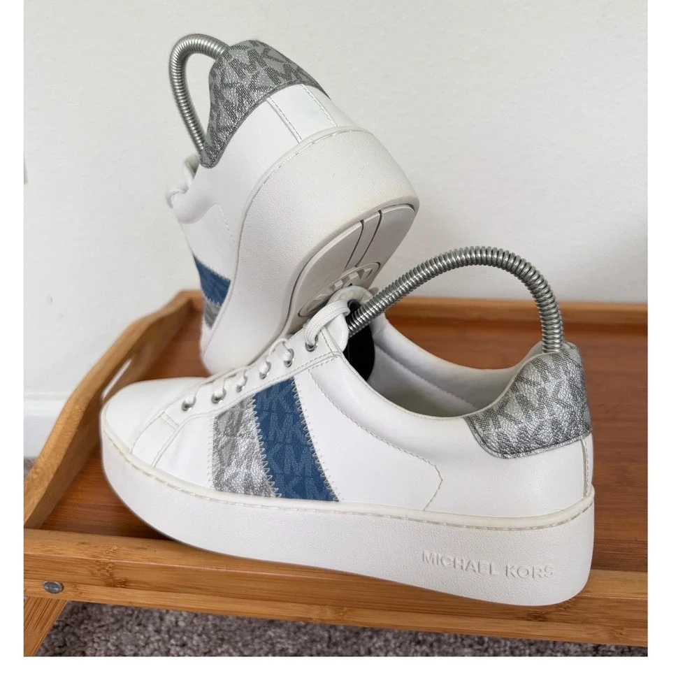 Michael Kors Poppy White Platform Sneakers Blue Silver Logo Stripe LS24J Sz 8.5